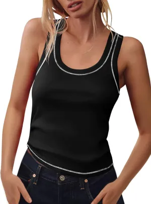 Tankaneo Womens Summer Ribbed Tank Top Casual Ringer Scoop Neck Sleeveless Knit Fitted Tops Going Out Tee Shirts