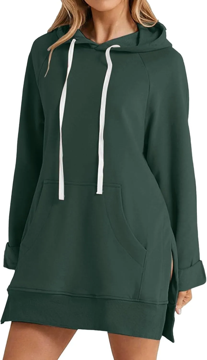 The Warmy Oversized Hoodie Dress for Women Split Hem Pullover Tops Long Sweatshirt with Pocket Casual Dressy Tunics