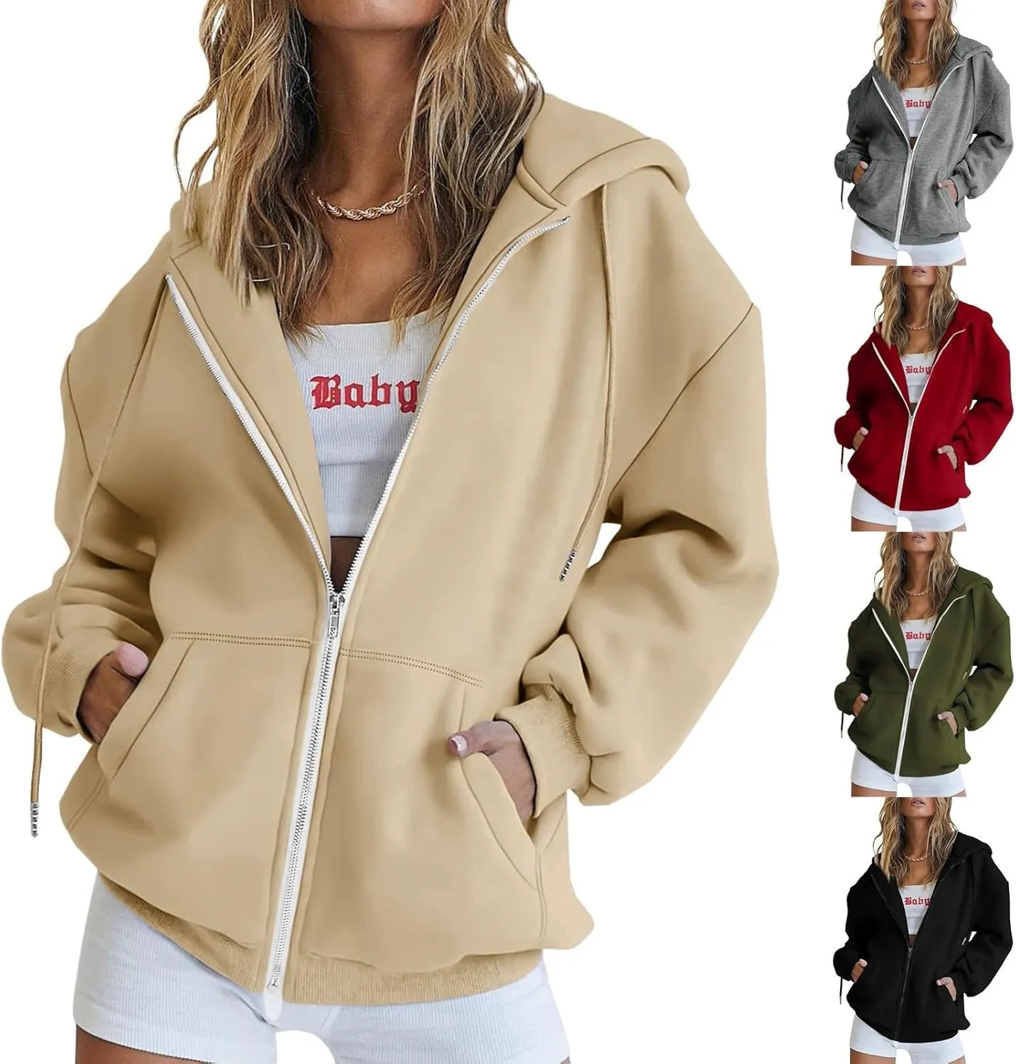 Thin Zip Up Sweaters for Women, Womens Oversized Zip Up Hoodies Sweatshirts Long Sleeve Fall Oversized Sweatshirts 05-Army Green,X-Large