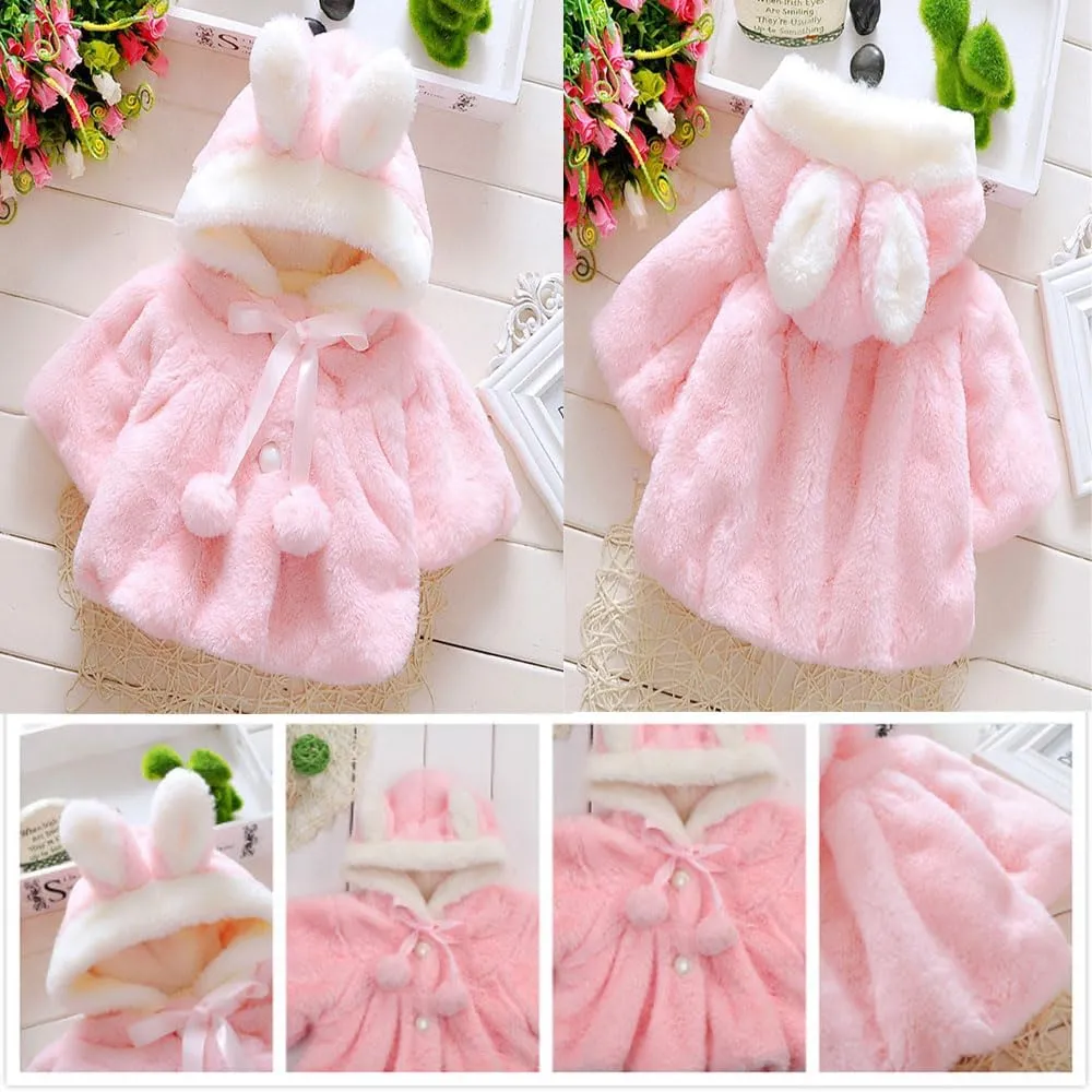 Toddler Baby Girl Faux Fur Cape Infant Cute Bunny Ear Hooded Cloak Coat Jacket Thick Warm Newborn Cardigan Outwear
