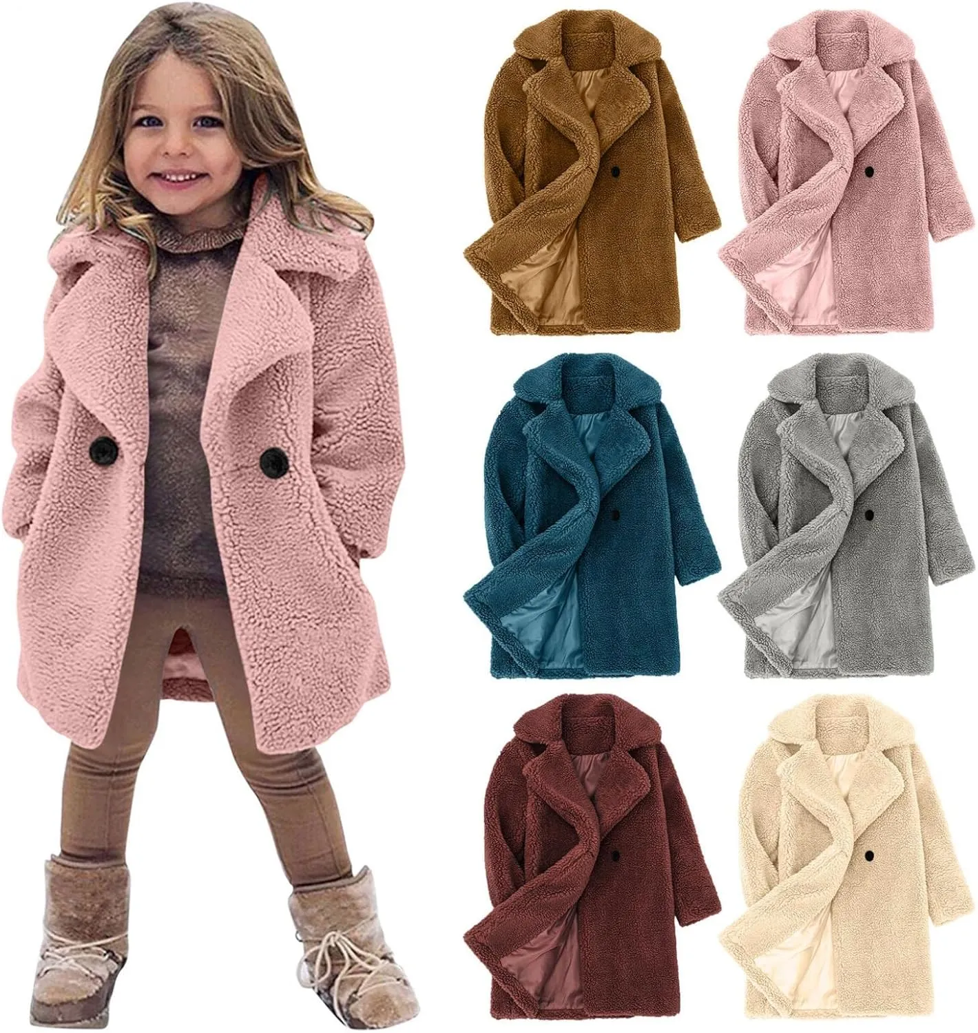 Toddler Baby Girls Duffle Overcoat Winter Fleece Sherpa Jacket Windproof Thick Cardigan Trench Lapel Parka Coat for Kids