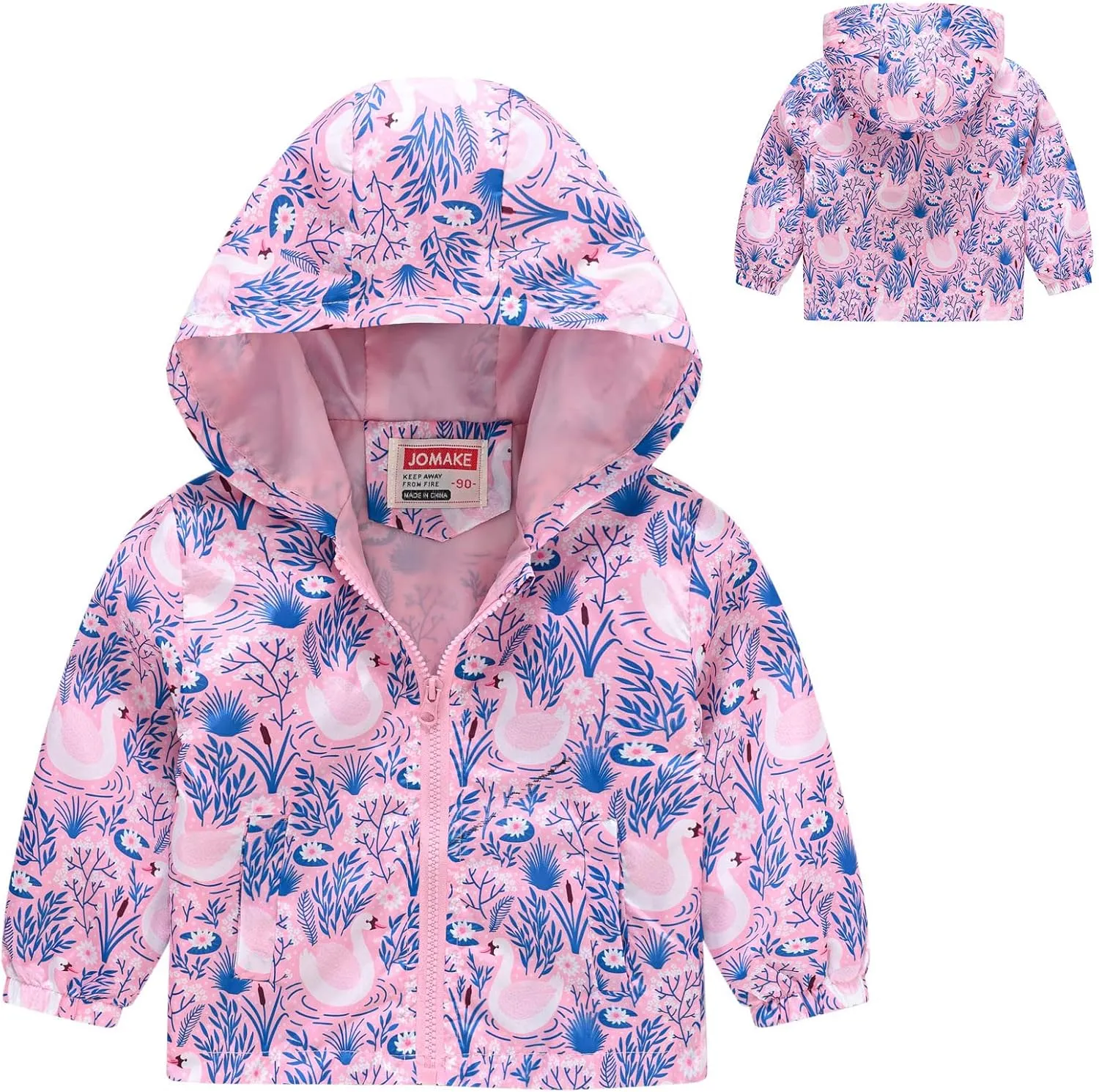 Toddler Girls Boys Flower Print Zip Hooded Jacket Kids Trench Rain Jacket Outerwear Lightweight Windbreaker Coat