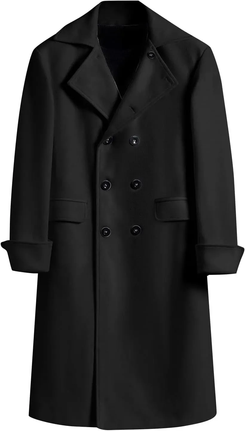 Trench Coat for Mens Casual Double Single Breasted Slim Jacket Overcoat Vintage Wool Blend Formal Pea Coats