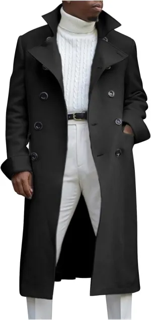 Trench Coat for Mens Casual Double Single Breasted Slim Jacket Overcoat Vintage Wool Blend Formal Pea Coats