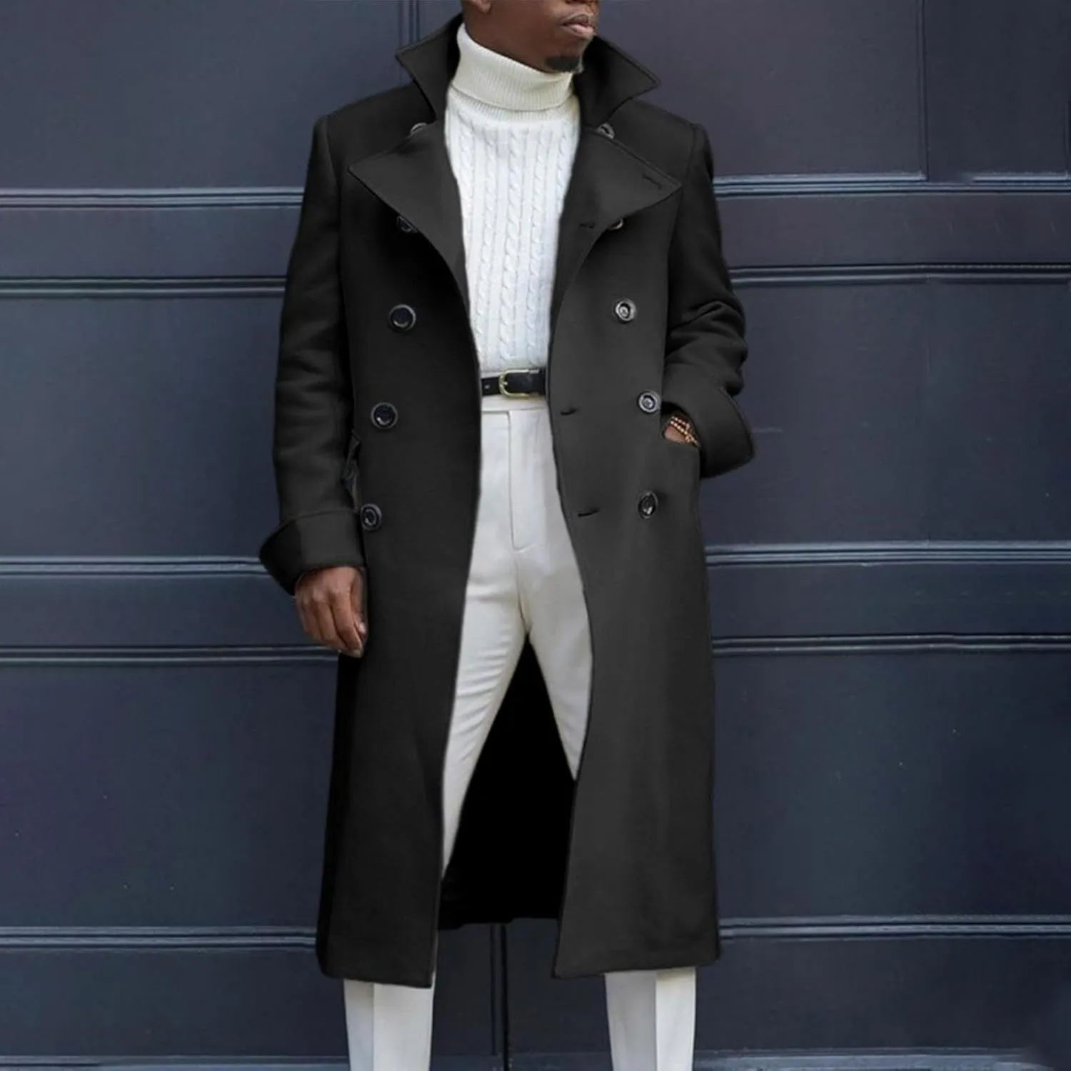 Trench Coat for Mens Casual Double Single Breasted Slim Jacket Overcoat Vintage Wool Blend Formal Pea Coats