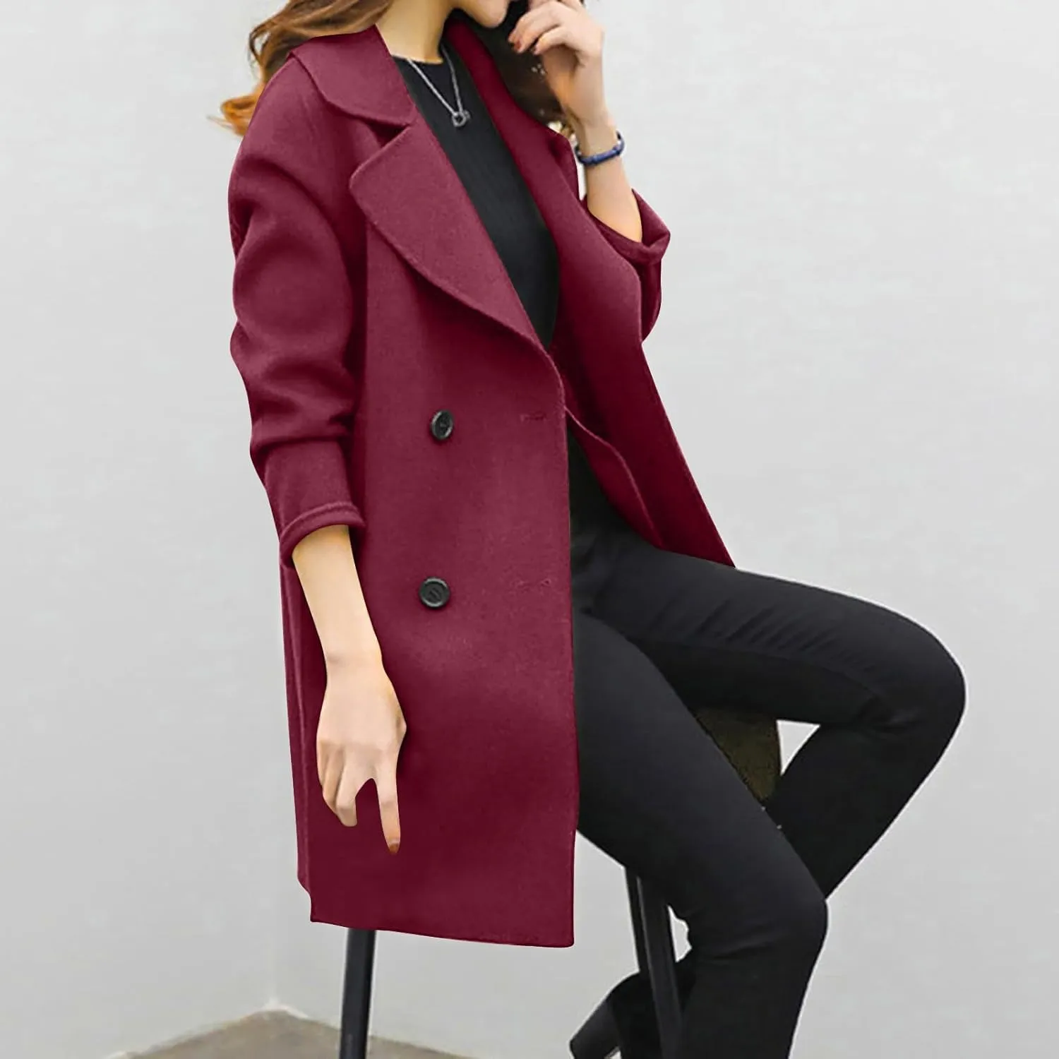 Trench Coat for Women Winter Wool Blend Pea Coats Mid Length Notched Collar Double Breasted Overcoat Jackets