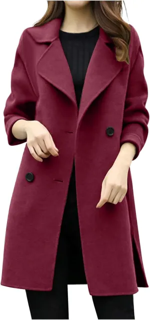 Trench Coat for Women Winter Wool Blend Pea Coats Mid Length Notched Collar Double Breasted Overcoat Jackets