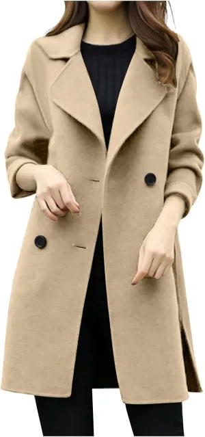 Trench Coat for Women Winter Wool Blend Pea Coats Mid Length Notched Collar Double Breasted Overcoat Jackets