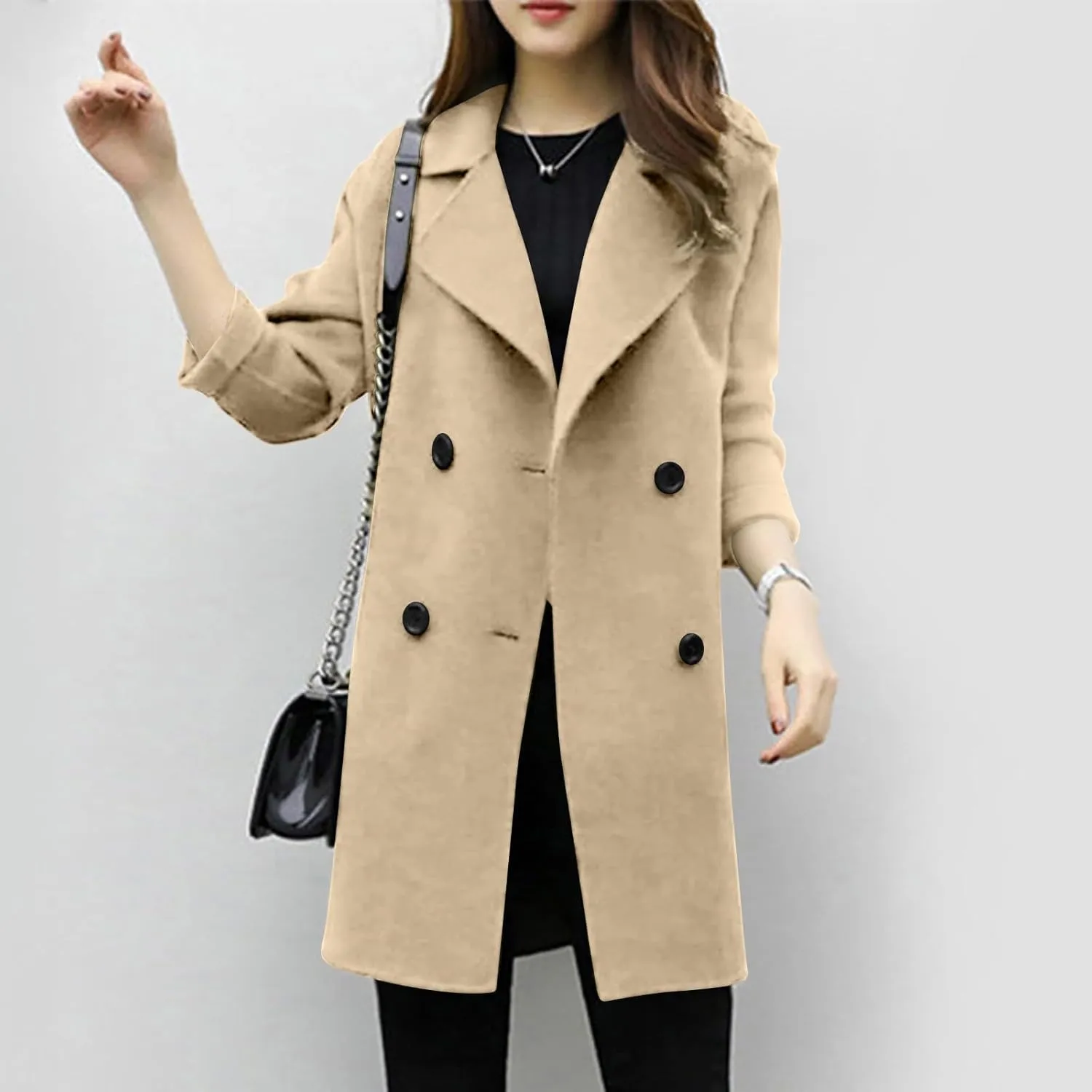 Trench Coat for Women Winter Wool Blend Pea Coats Mid Length Notched Collar Double Breasted Overcoat Jackets