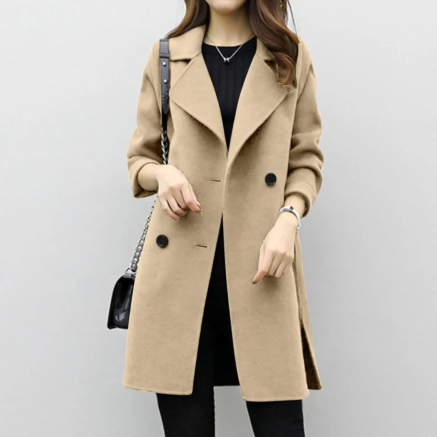 Trench Coat for Women Winter Wool Blend Pea Coats Mid Length Notched Collar Double Breasted Overcoat Jackets