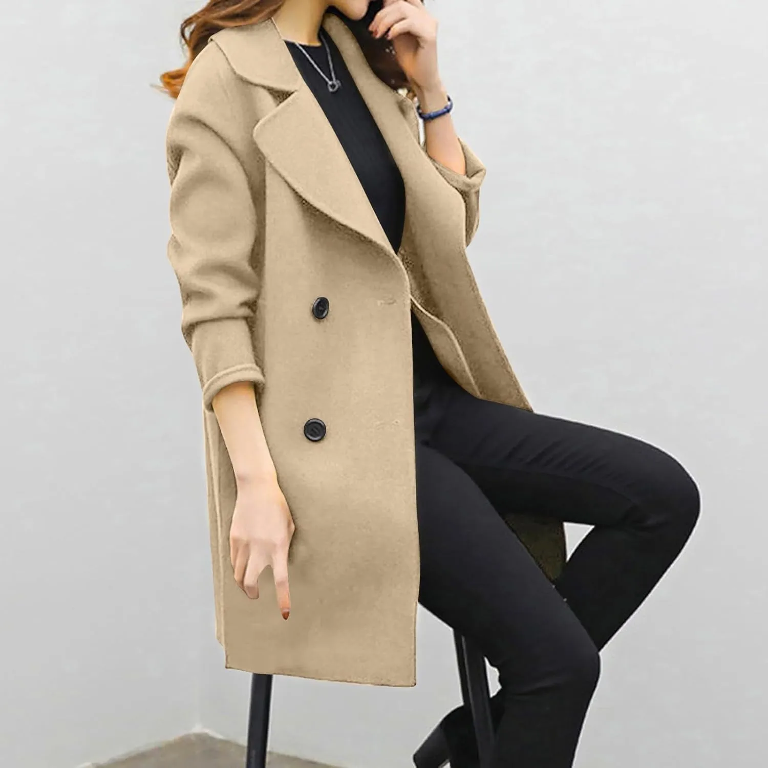 Trench Coat for Women Winter Wool Blend Pea Coats Mid Length Notched Collar Double Breasted Overcoat Jackets