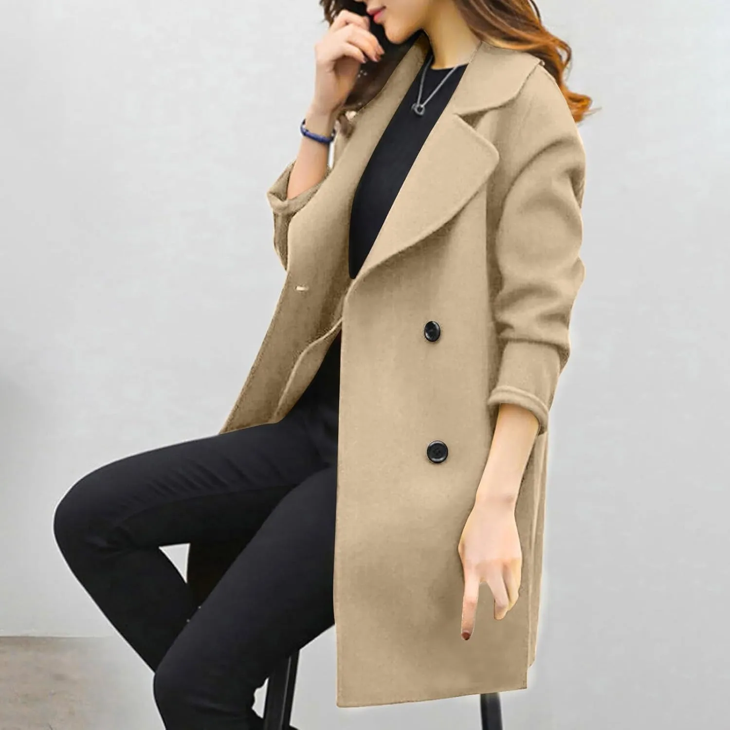Trench Coat for Women Winter Wool Blend Pea Coats Mid Length Notched Collar Double Breasted Overcoat Jackets