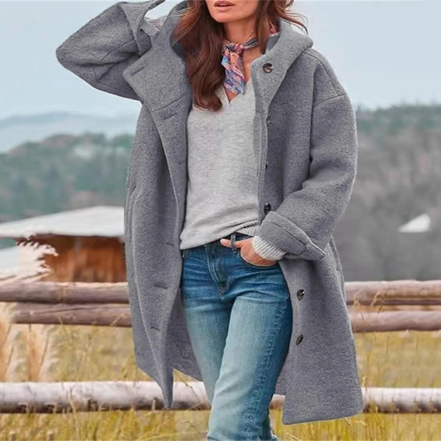 Trench Coat Sleeve Casual Fuzzy Jacket Loose Fitting Warm Winter Outwear Fashion Lapel Jacket Hooded Trench Coat