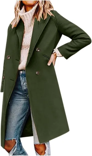 Trench Coats for Women Double Breasted Wool Blend Pea Coats Notched Lapel Collar Business Casual Long Jackets