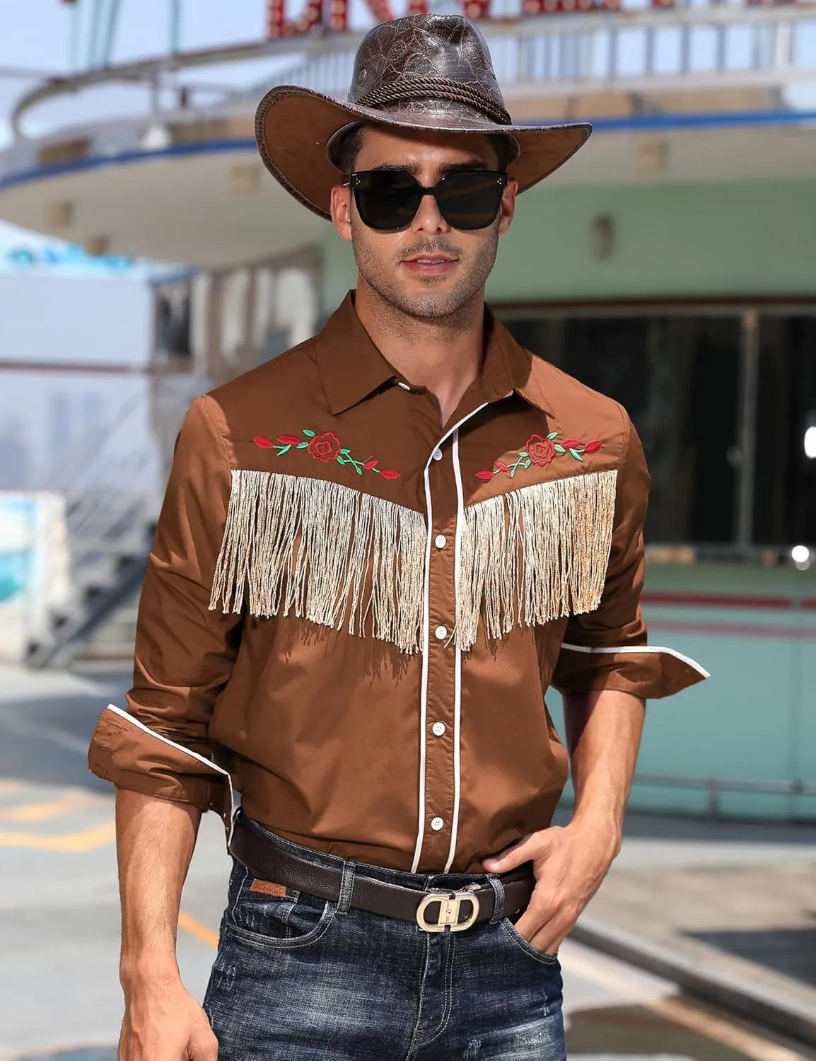 TURETRENDY Men's Western Cowboy Fringe Shirt Long Sleeve Rose Embroidered Slim Fit Button Down Shirt