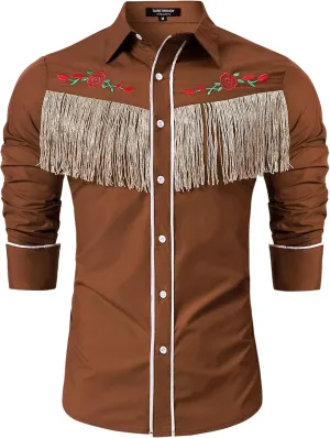 TURETRENDY Men's Western Cowboy Fringe Shirt Long Sleeve Rose Embroidered Slim Fit Button Down Shirt