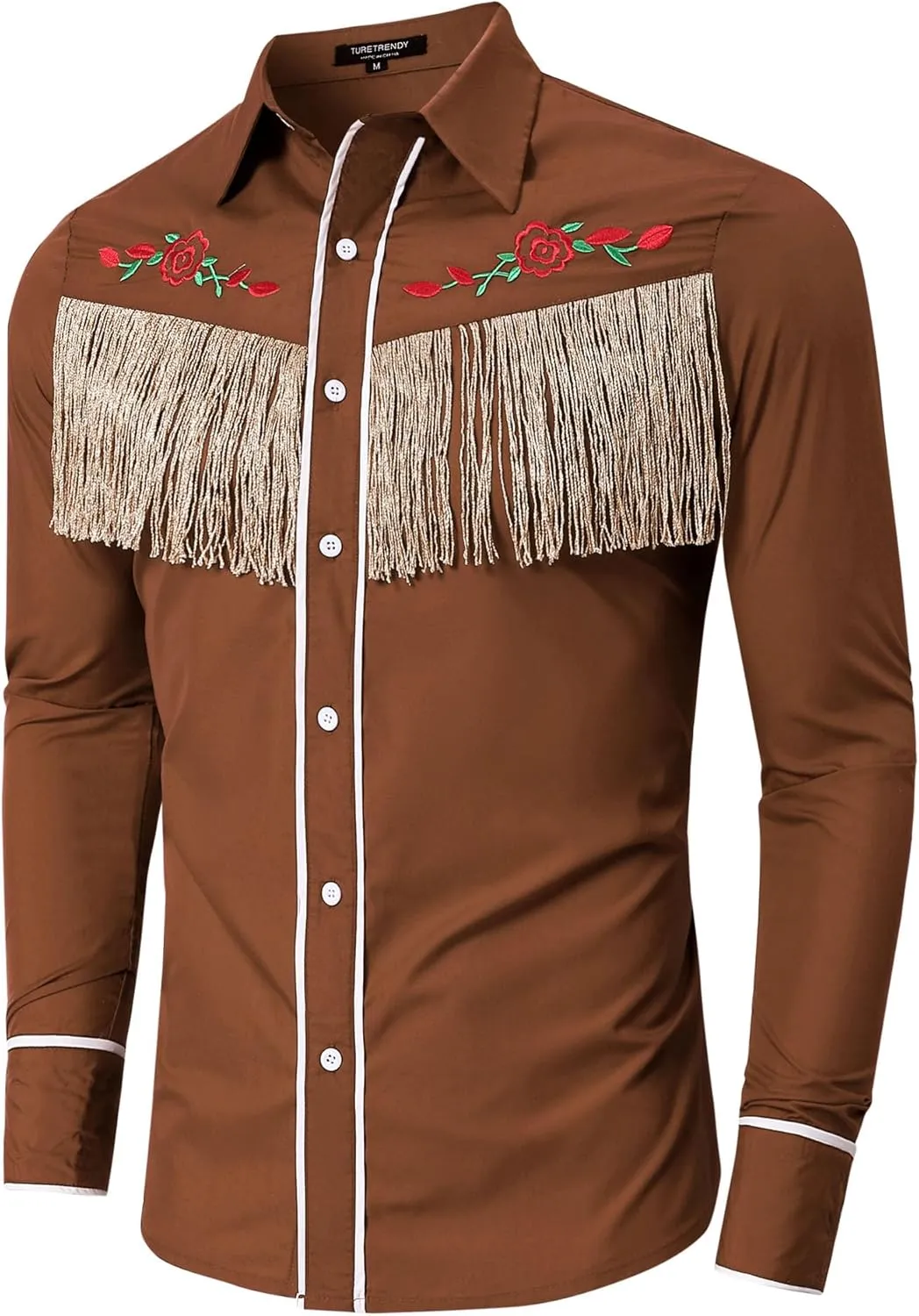TURETRENDY Men's Western Cowboy Fringe Shirt Long Sleeve Rose Embroidered Slim Fit Button Down Shirt