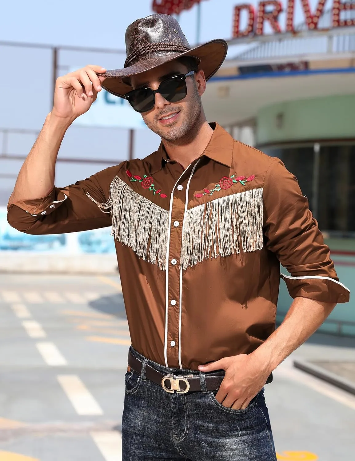 TURETRENDY Men's Western Cowboy Fringe Shirt Long Sleeve Rose Embroidered Slim Fit Button Down Shirt