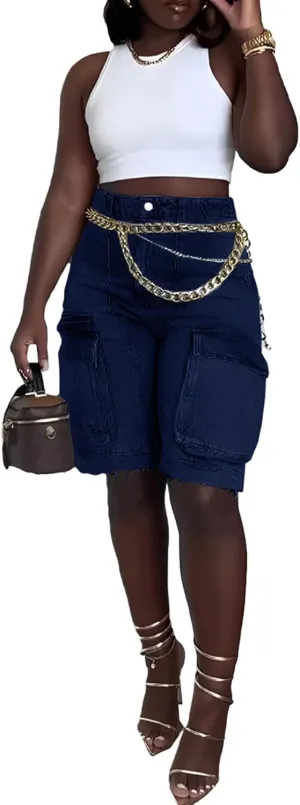 Unybwonn Women Denim Shorts High Waisted Distressed Straight Leg Cargo Shorts Casual Cargo Jean Shorts with Pockets