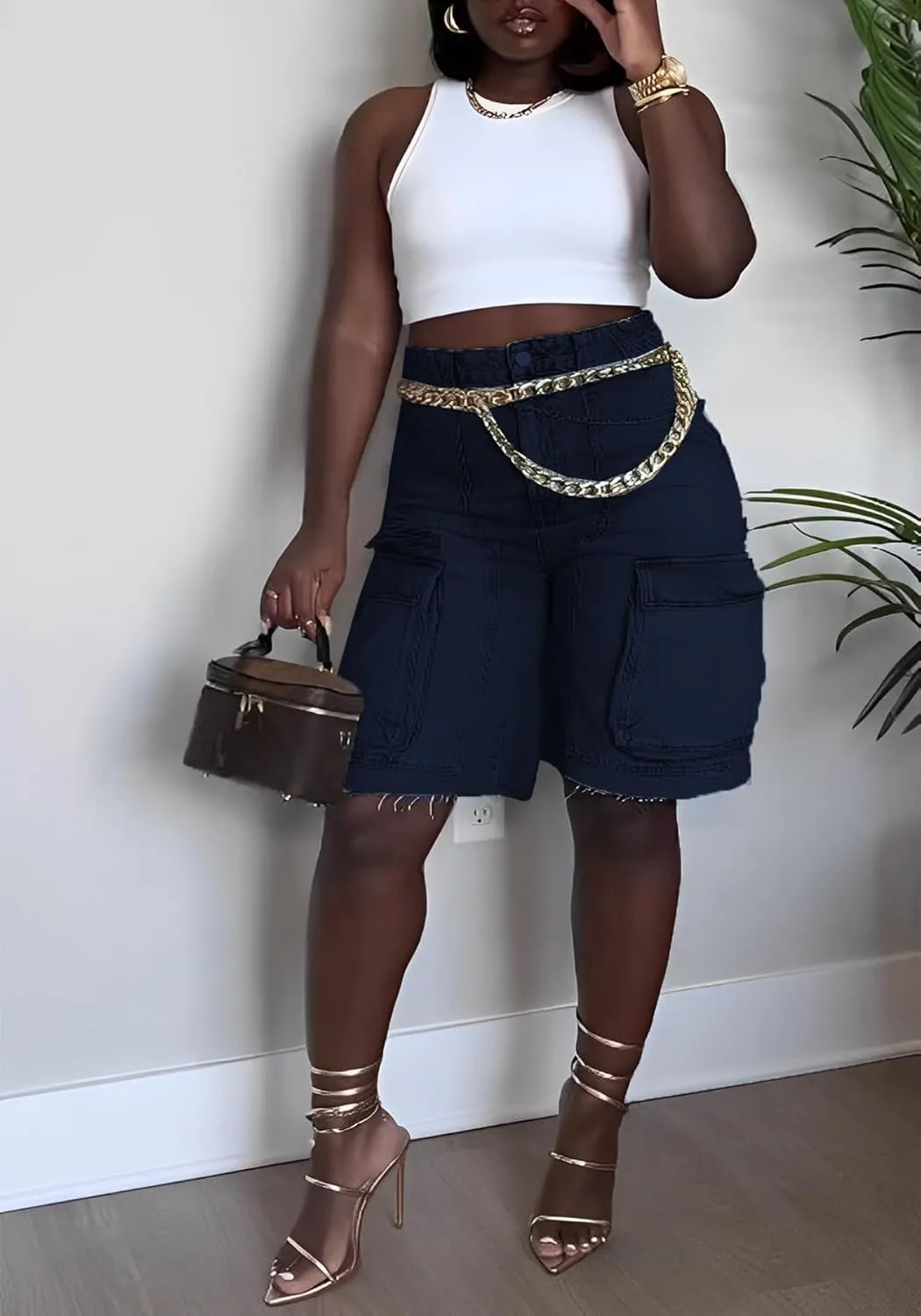 Unybwonn Women Denim Shorts High Waisted Distressed Straight Leg Cargo Shorts Casual Cargo Jean Shorts with Pockets