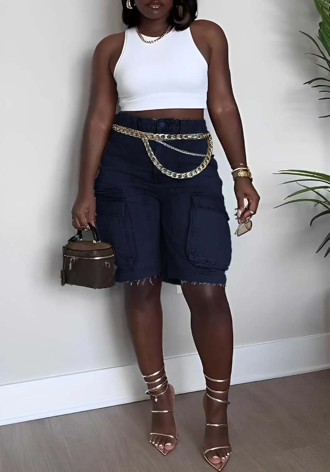 Unybwonn Women Denim Shorts High Waisted Distressed Straight Leg Cargo Shorts Casual Cargo Jean Shorts with Pockets