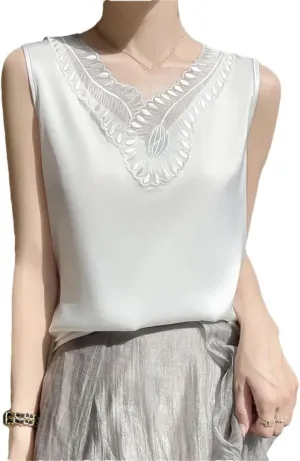 V-Neck Lace Camisole Women's Satin T-Shirt Sleeveless Bottoming Shirt Top