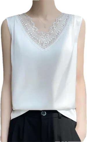 V-Neck Lace Camisole Women's Satin T-Shirt Sleeveless Bottoming Shirt Top