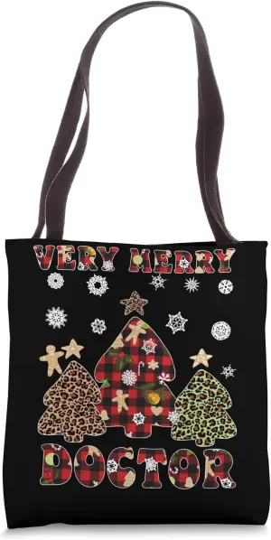 Very Merry Doctor Tee Funny Red Plaid Leopard Christmas Tree Tote Bag