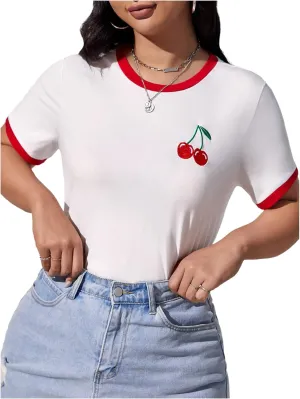 WDIRARA Women's Plus Size Cherry Print T Shirt Crewneck Short Sleeve Tee Shirt Contrast Binding Top