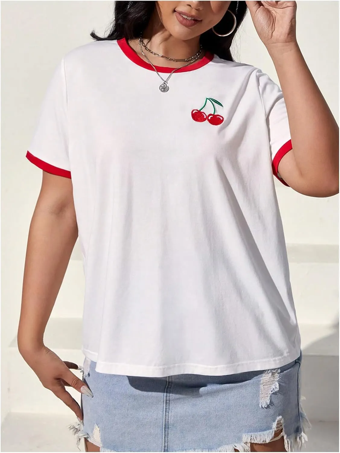 WDIRARA Women's Plus Size Cherry Print T Shirt Crewneck Short Sleeve Tee Shirt Contrast Binding Top