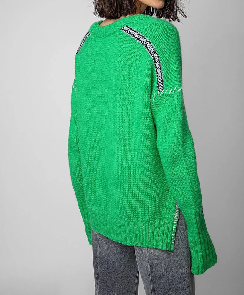 Wenkouban-Christmas Thanksgiving outfits_Hand-Woven Loose O-Neck Slit Hem Green Autumn Winter Christmas Sweater