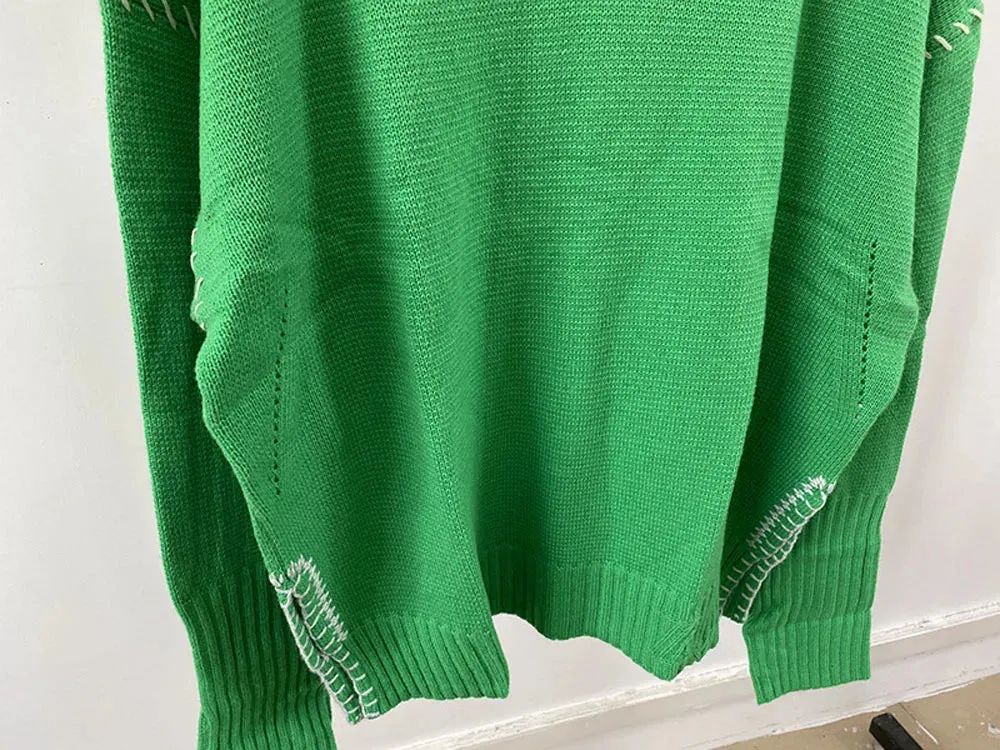 Wenkouban-Christmas Thanksgiving outfits_Hand-Woven Loose O-Neck Slit Hem Green Autumn Winter Christmas Sweater