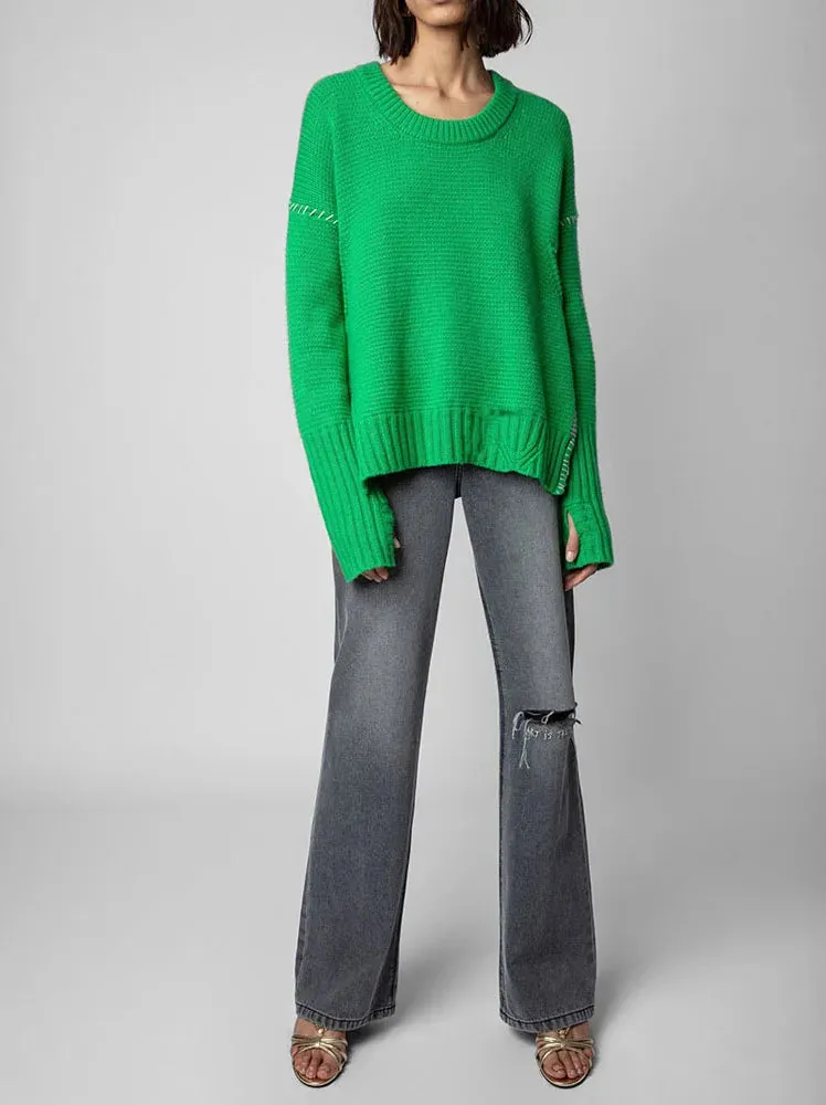 Wenkouban-Christmas Thanksgiving outfits_Hand-Woven Loose O-Neck Slit Hem Green Autumn Winter Christmas Sweater