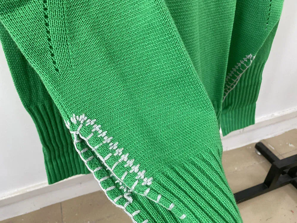 Wenkouban-Christmas Thanksgiving outfits_Hand-Woven Loose O-Neck Slit Hem Green Autumn Winter Christmas Sweater