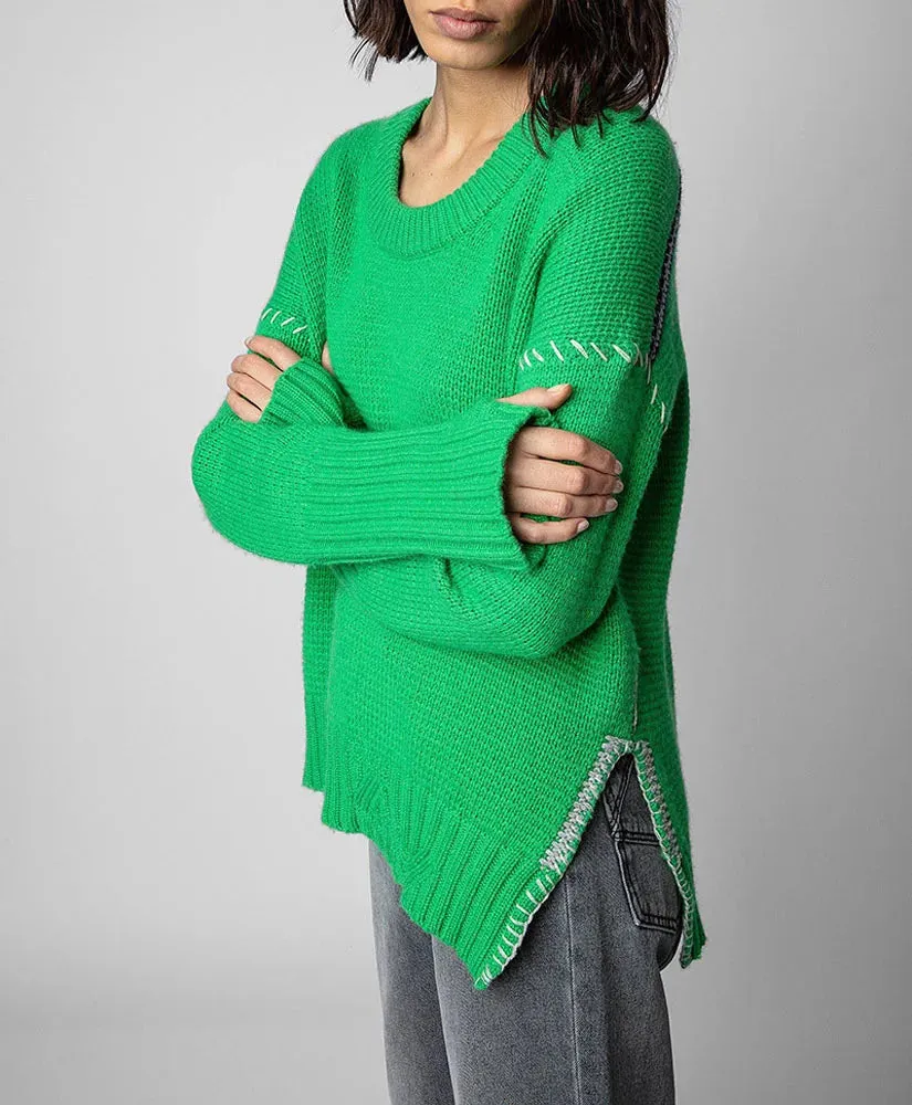 Wenkouban-Christmas Thanksgiving outfits_Hand-Woven Loose O-Neck Slit Hem Green Autumn Winter Christmas Sweater