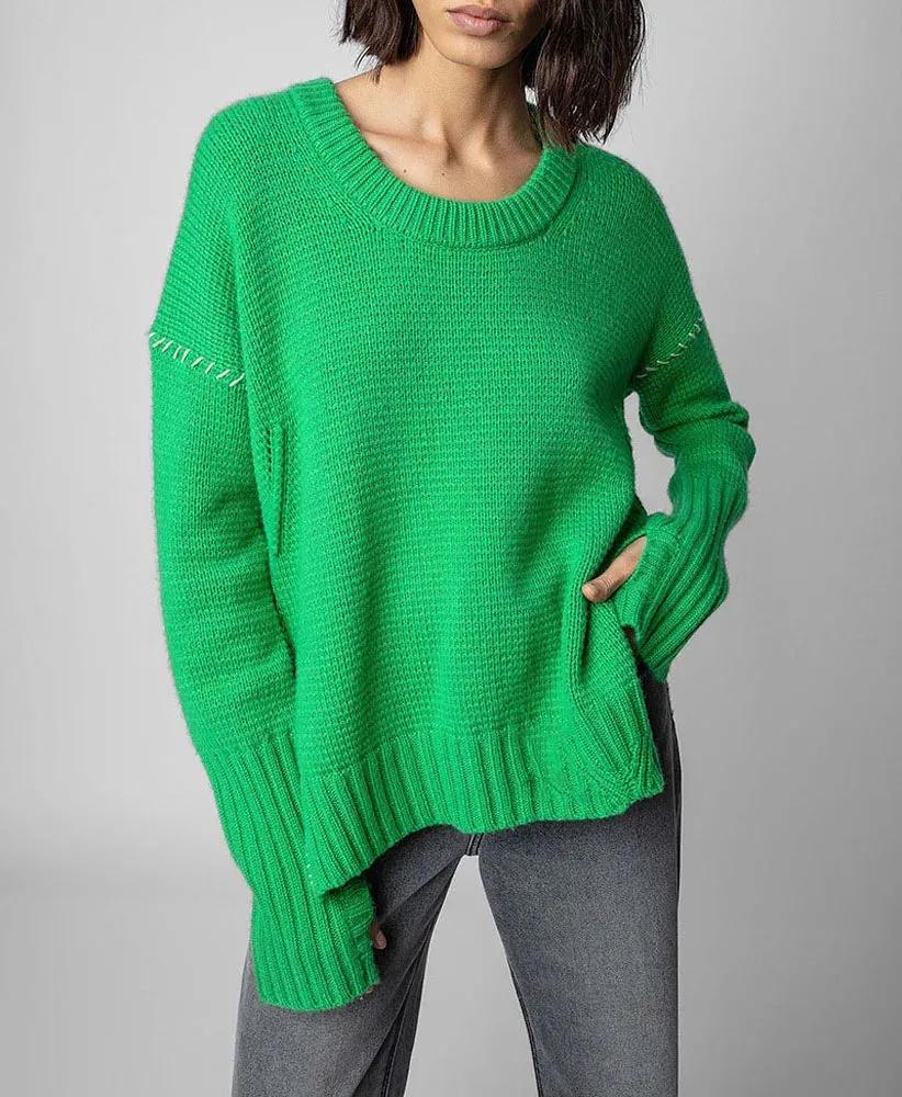 Wenkouban-Christmas Thanksgiving outfits_Hand-Woven Loose O-Neck Slit Hem Green Autumn Winter Christmas Sweater