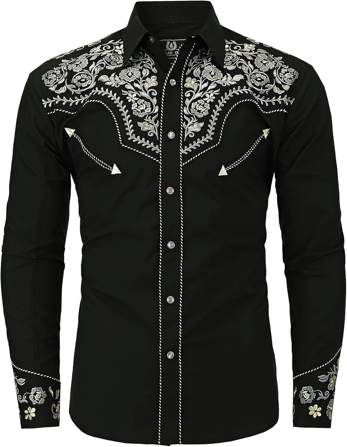 Western Embroidered Cowboy Shirts for Men, Casual Button Down Long Sleeve Shirt Floral Design Retro Shirt