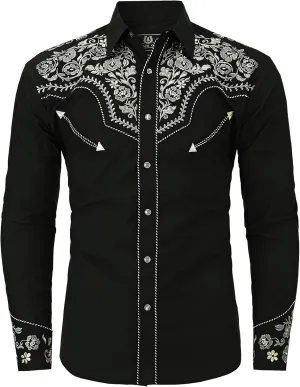 Western Embroidered Cowboy Shirts for Men, Casual Button Down Long Sleeve Shirt Floral Design Retro Shirt