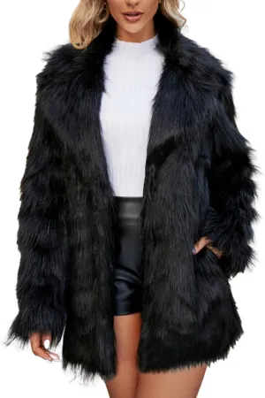 White Faux Fur Coat For Women Mid Length Hooded Cardigan Open Front Outerwear Winter Warm Coats Fur Jackets For