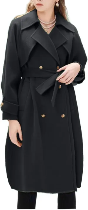Winter Pea Coats for Women Double Breasted Wool Blend Trench Coats Casual Notched Lapel Mid Long Overcoats With Belt