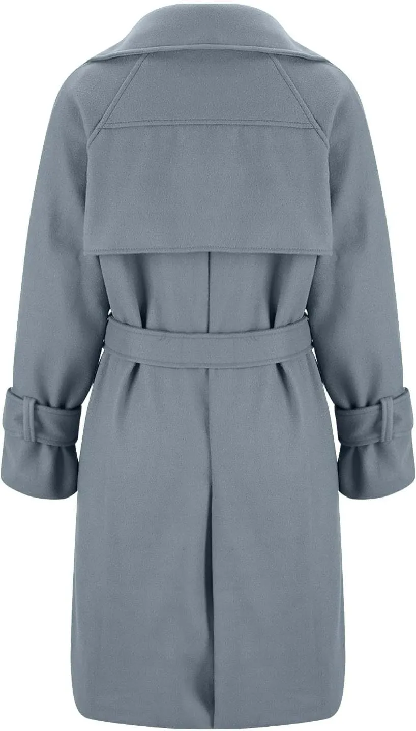 Winter Pea Coats for Women Double Breasted Wool Blend Trench Coats Casual Notched Lapel Mid Long Overcoats With Belt