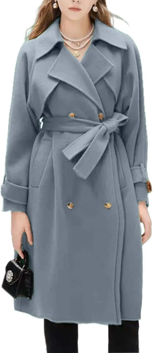 Winter Pea Coats for Women Double Breasted Wool Blend Trench Coats Casual Notched Lapel Mid Long Overcoats With Belt
