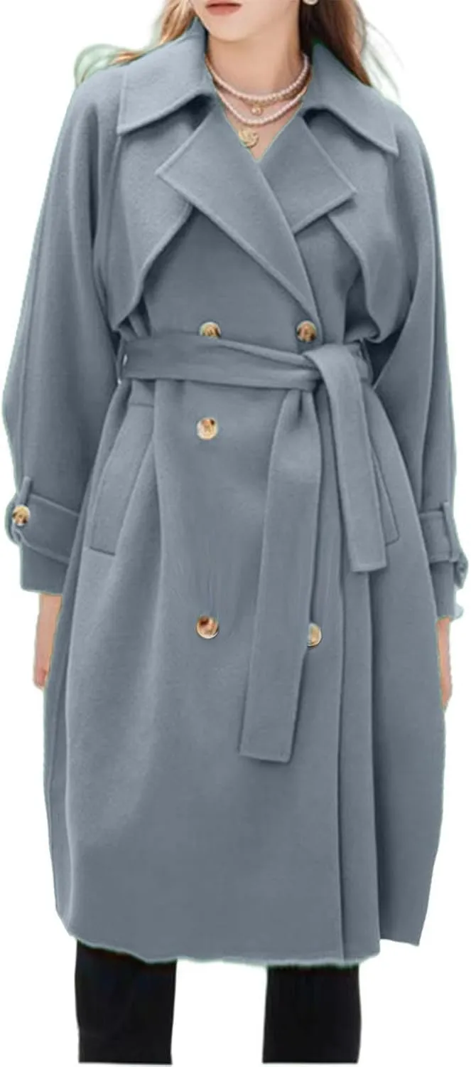 Winter Pea Coats for Women Double Breasted Wool Blend Trench Coats Casual Notched Lapel Mid Long Overcoats With Belt
