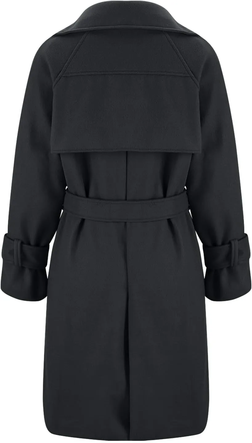Winter Pea Coats for Women Double Breasted Wool Blend Trench Coats Casual Notched Lapel Mid Long Overcoats With Belt