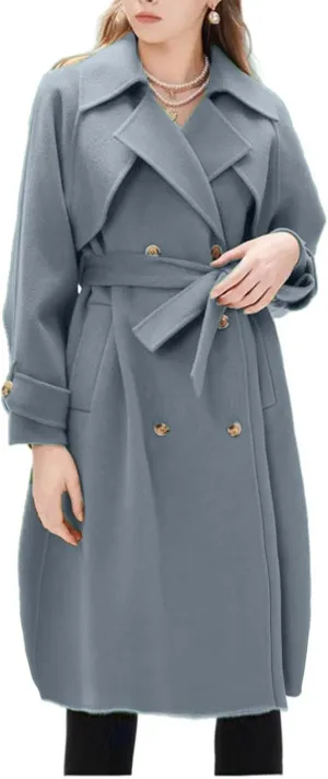 Winter Pea Coats for Women Double Breasted Wool Blend Trench Coats Casual Notched Lapel Mid Long Overcoats With Belt