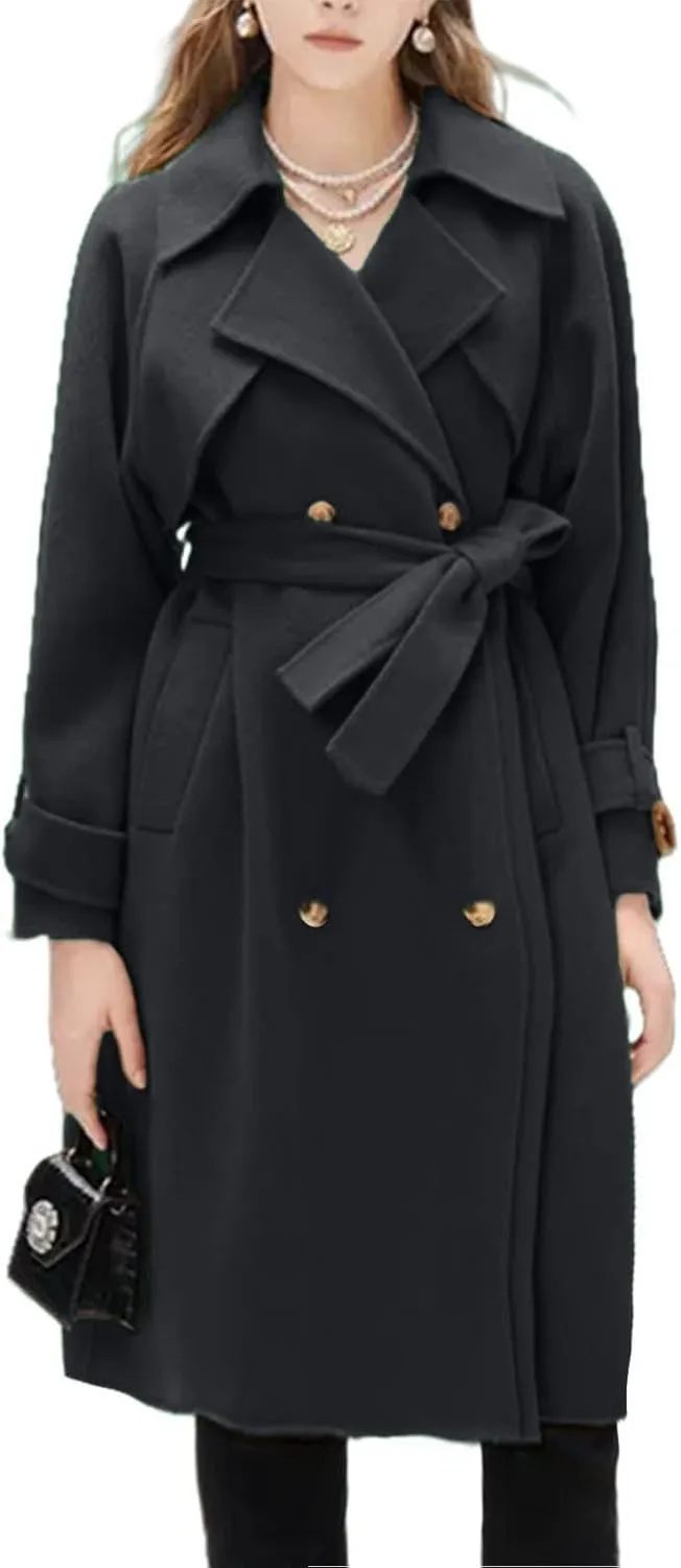 Winter Pea Coats for Women Double Breasted Wool Blend Trench Coats Casual Notched Lapel Mid Long Overcoats With Belt