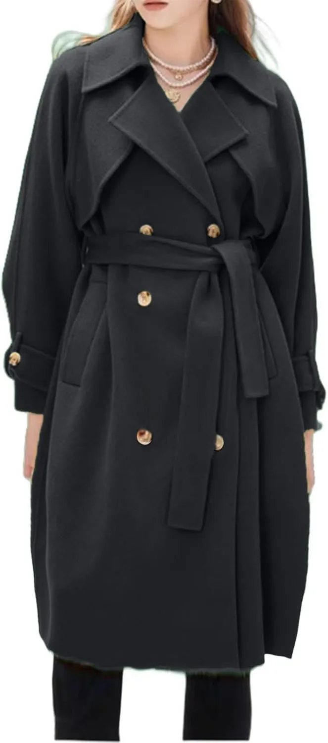 Winter Pea Coats for Women Double Breasted Wool Blend Trench Coats Casual Notched Lapel Mid Long Overcoats With Belt