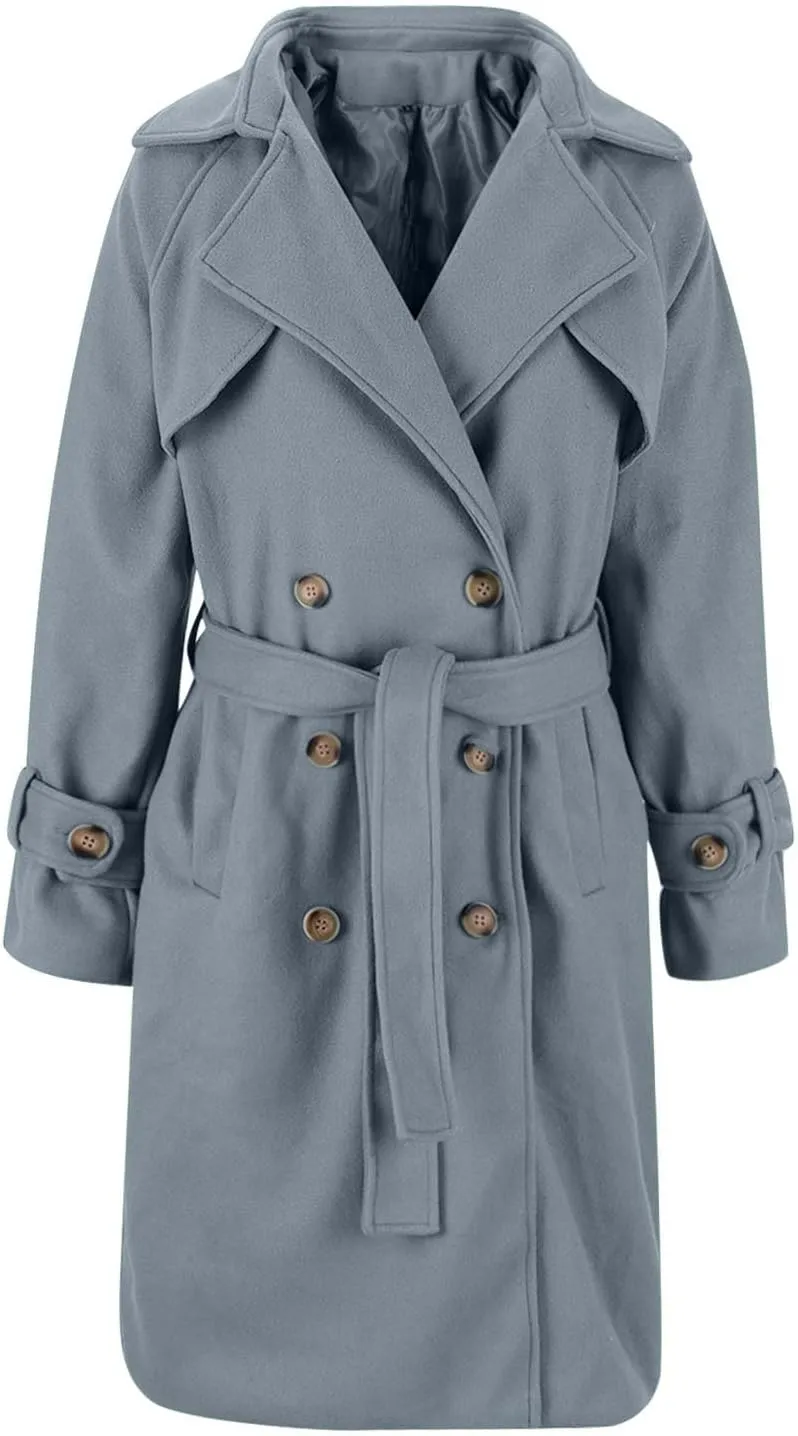 Winter Pea Coats for Women Double Breasted Wool Blend Trench Coats Casual Notched Lapel Mid Long Overcoats With Belt