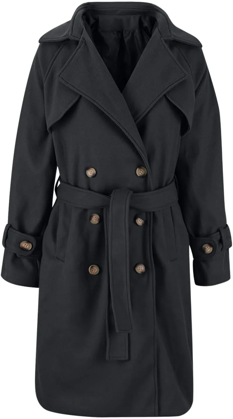 Winter Pea Coats for Women Double Breasted Wool Blend Trench Coats Casual Notched Lapel Mid Long Overcoats With Belt