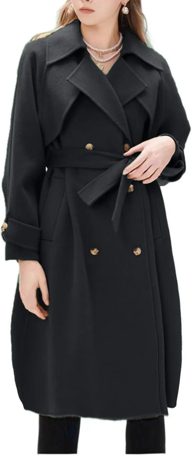 Winter Pea Coats for Women Double Breasted Wool Blend Trench Coats Casual Notched Lapel Mid Long Overcoats With Belt